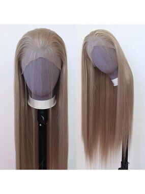 Long Straight Ash Blonde Lace Front Wig - Heat Resistant, Pre-Plucked, Natural